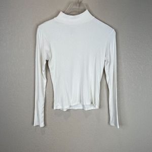 Laia Womens Crop Top Tee White Ribbed Knit Mock Neck Long Sleeve Fitted‎ Preppy